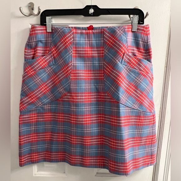 BROOKS BROTHERS British Embroidered Plaid Blue Red Pencil Skirt w Pockets 10R - Picture 1 of 8
